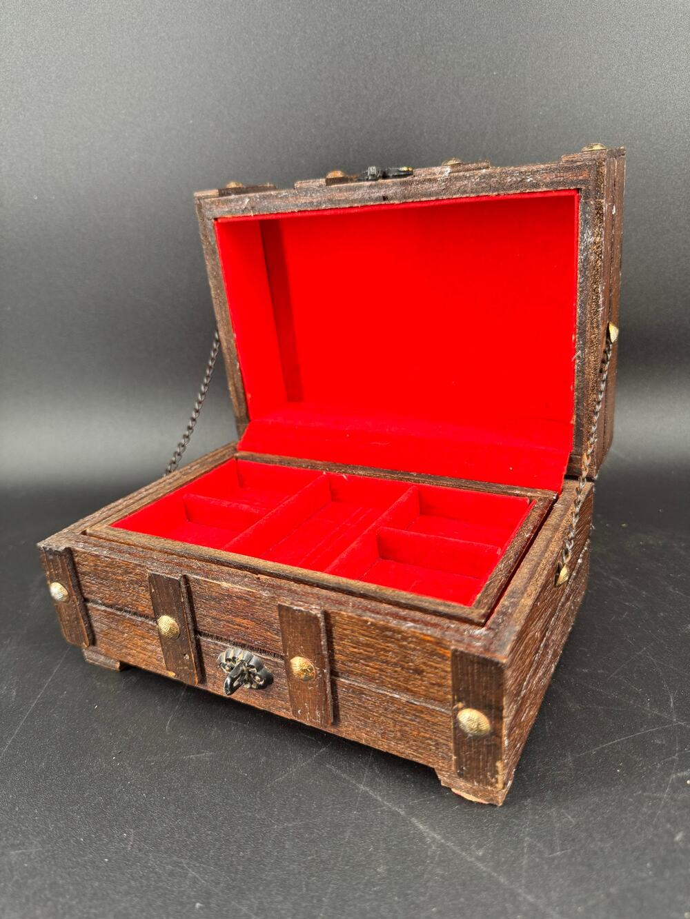 Vintage Wood Treasure Chest Jewelry Box Red Velvet Tray Pirate Gothic 7.25"